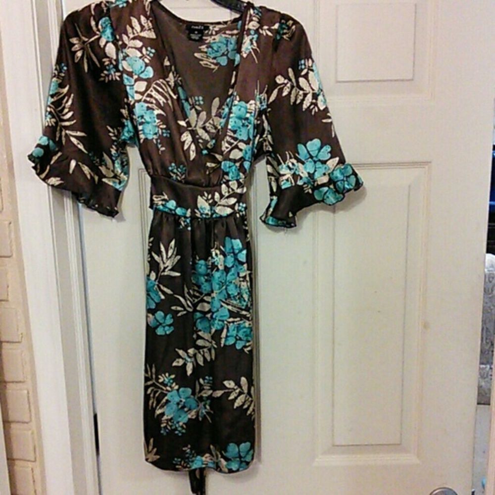 Floral wrap kimono dress bell sleeve s turquoise Vintage Y2k 2000s